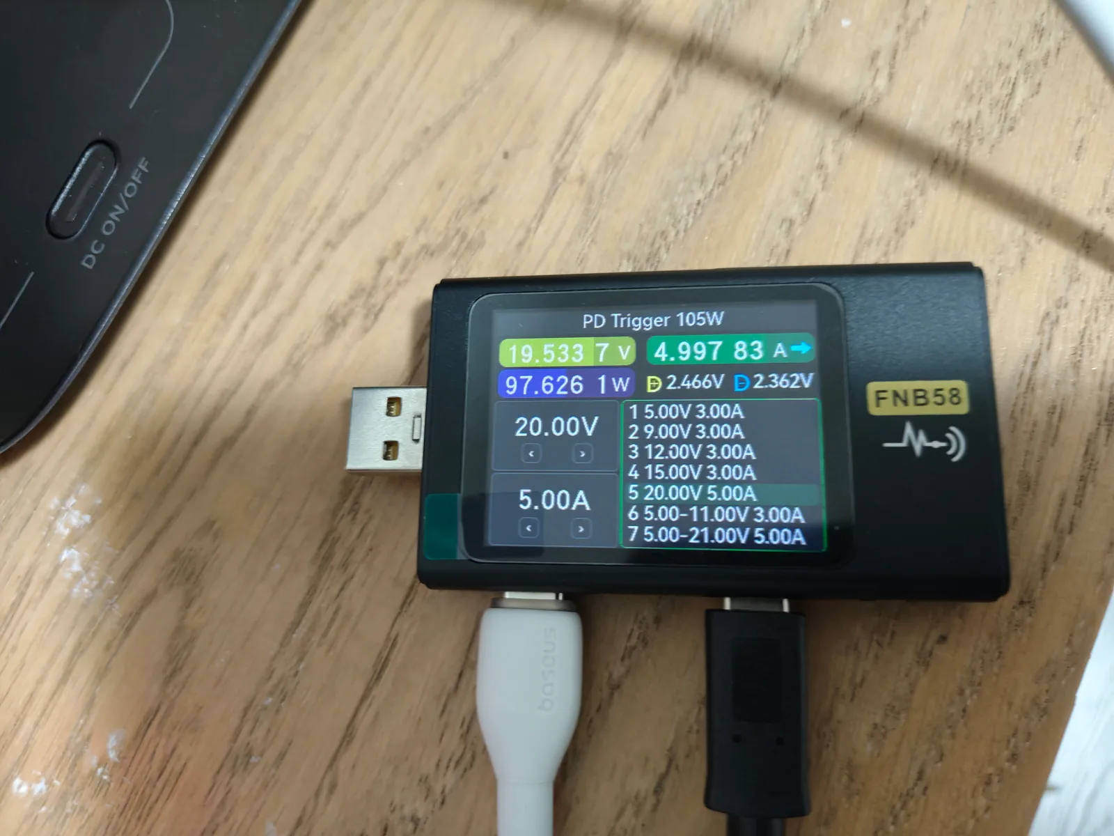 FNB58 meter showing EcoFlow RIVER 3 delivering a 100W-class USB-C load