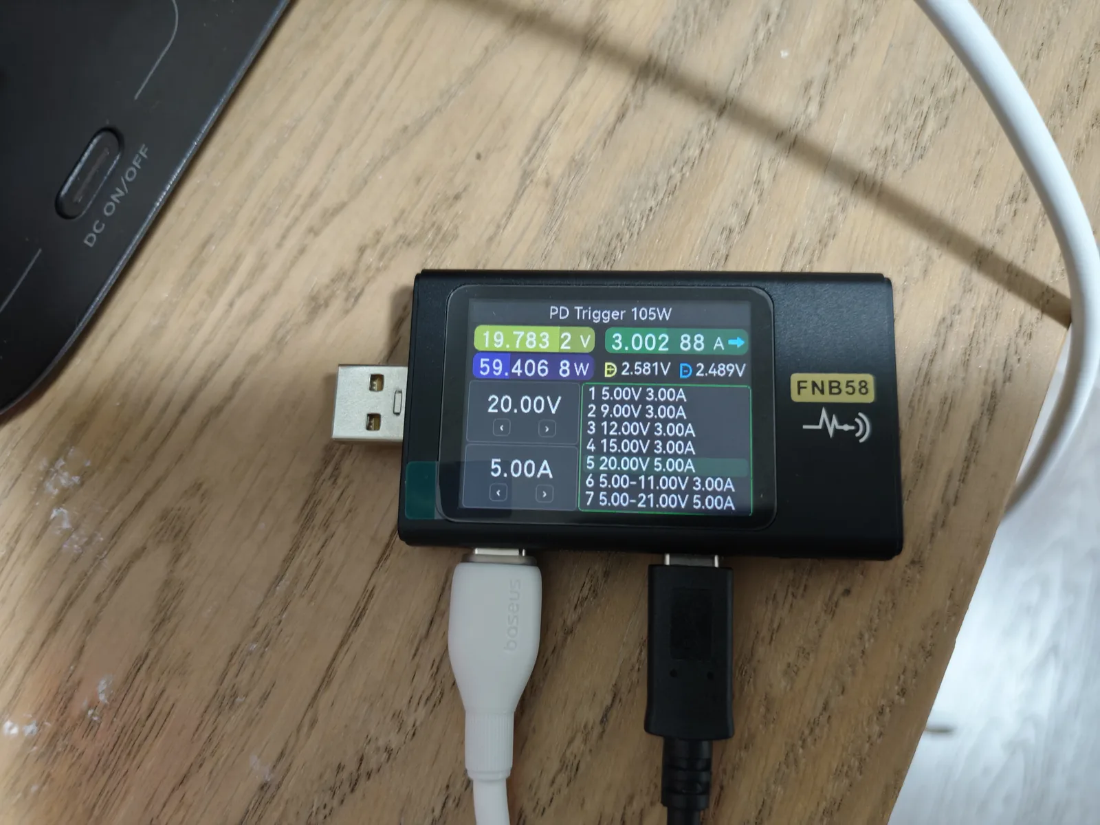 FNB58 PD trigger recheck on the EcoFlow RIVER 3 reading 19.78V at 3.00A with the 20V 5A PDO line visible in the profile list